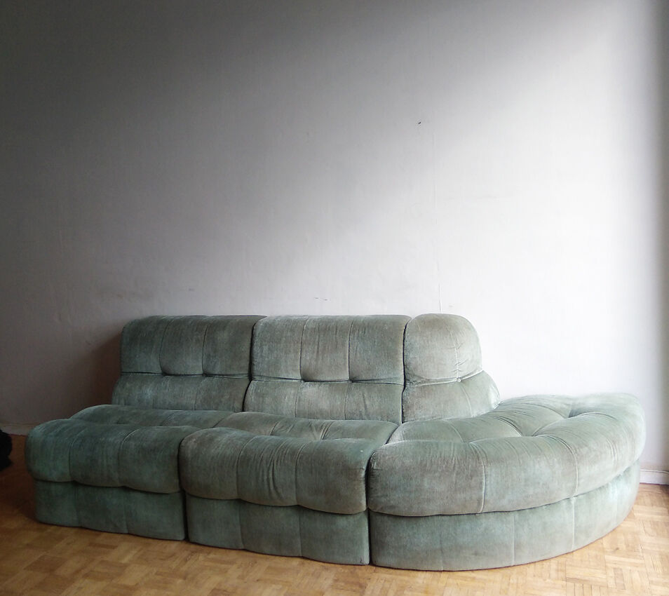 Canapé modulable en velours vert amande 1970