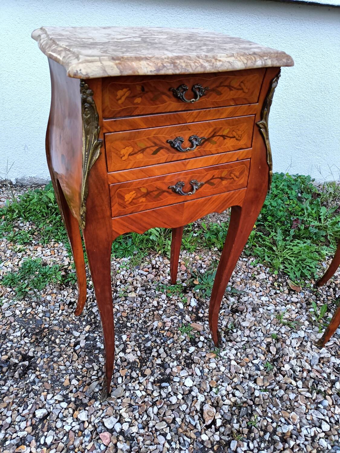 Louis xv style marble top marquetry bedside tables