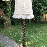 Dark turned wooden floor lamp and wool lampshade