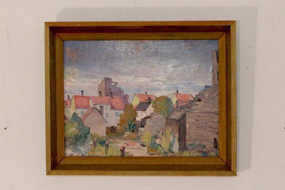 Huile sur panneau suédoise originale du milieu du siècle « Visby City » par ER.OLSSON