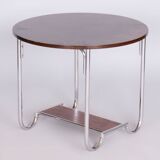 Petite table ronde en chêne Bauhaus restaurée, acier chromé, Tchéquie, années 1930
