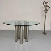Round glass and metal dining table, Italian design from the 80s, vintage