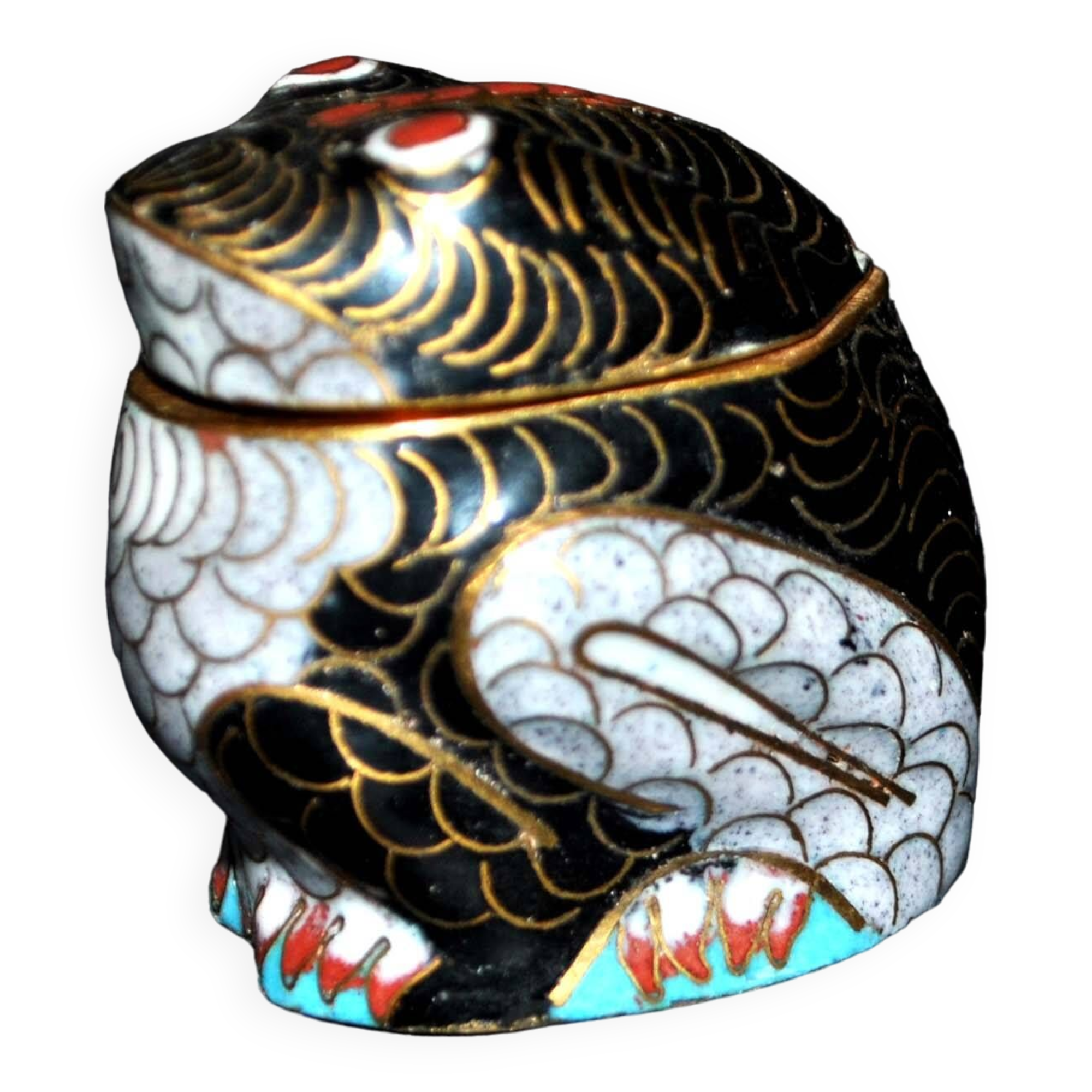 Frog statuette box in cloisonné enameled brass Lucky charm