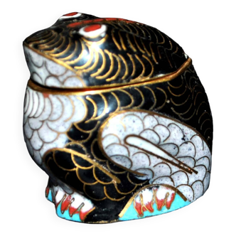 Frog statuette box in cloisonné enameled brass Lucky charm