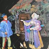 Watercolor on paper representing a peasant family in the rain