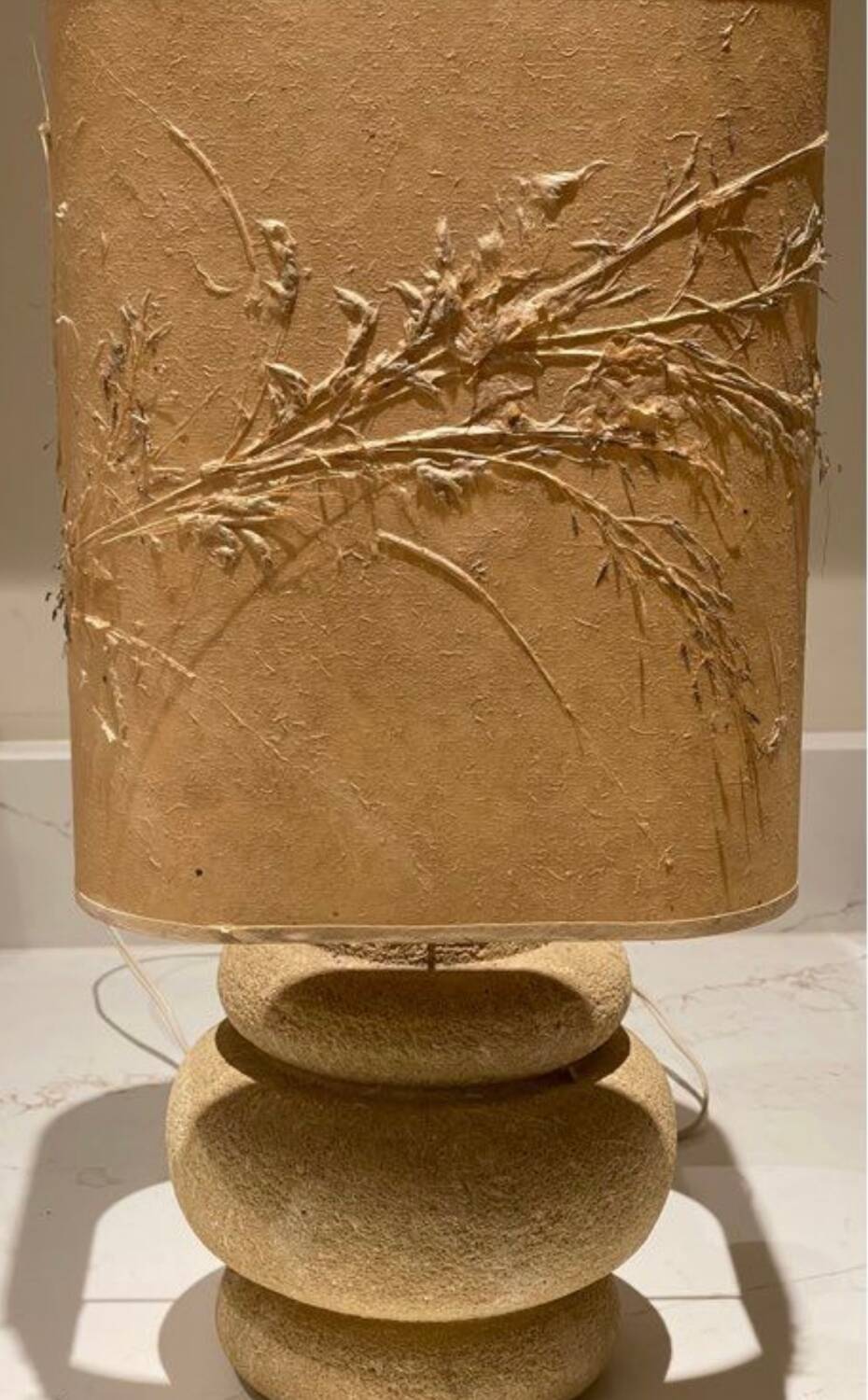 Vintage lamp with a stone base, herbarium lampshade.