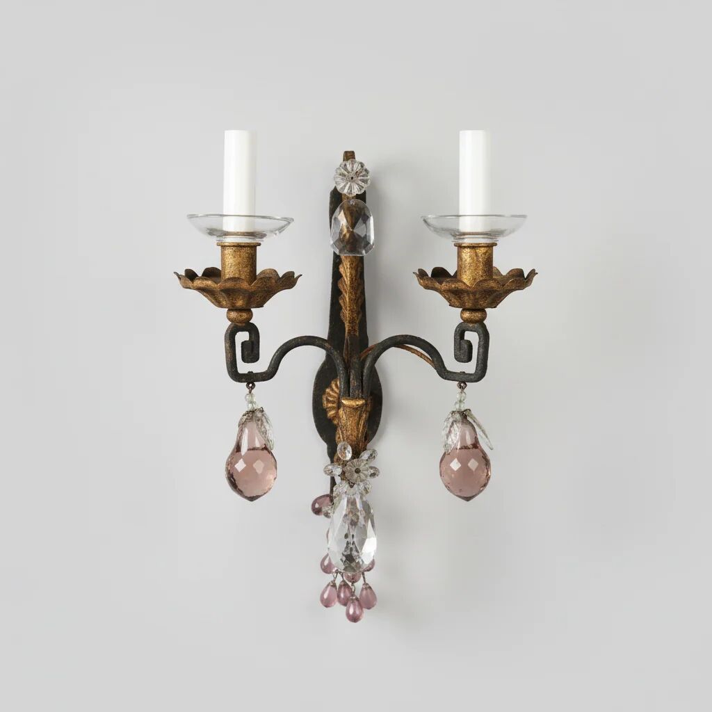 Maison Baguès, paire d'appliques en fer forgé et tôle dorée vers 1900