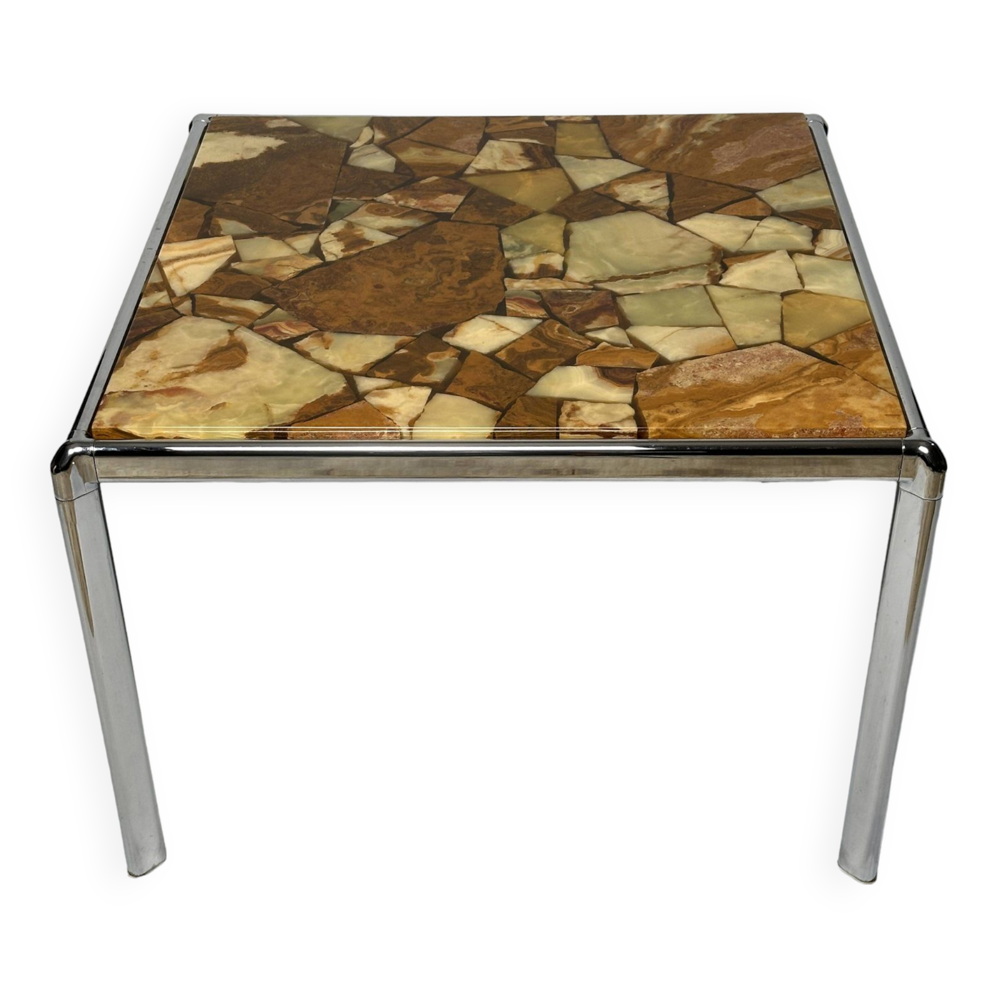 Table basse du milieu du siècle, pierre marbrée beige et chrome, Bauhaus, Allemagne, années 1960