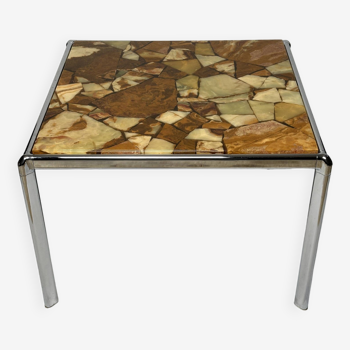 Mid-century coffee table, beige marbled stone and chrome, Bauhaus, Germany, 1960s