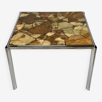 Table basse du milieu du siècle, pierre marbrée beige et chrome, Bauhaus, Allemagne, années 1960