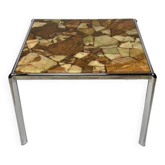 Mid-century coffee table, beige marbled stone and chrome, Bauhaus, Germany, 1960s