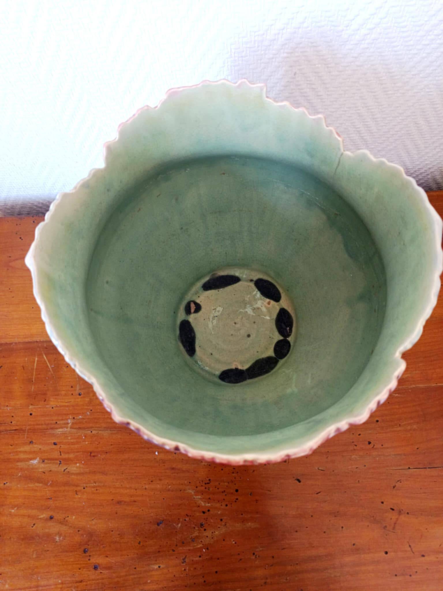 Art Nouveau flowerpot with slip peonies