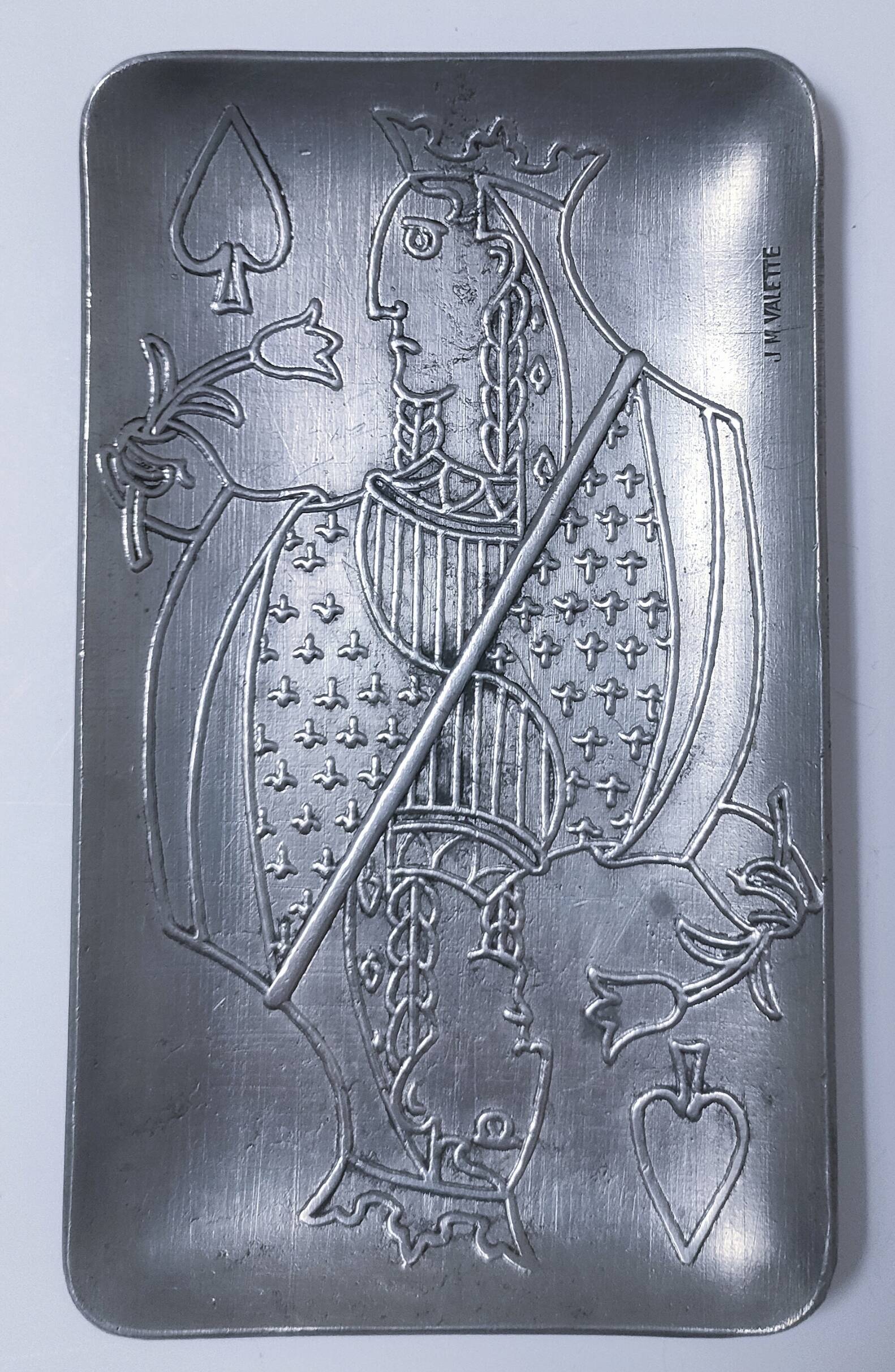 Lady of Spades pocket tray by JM Valette, signed, metal, 1960s.