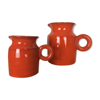 Set of 2 pitchers orange space age 1970, ceramics
