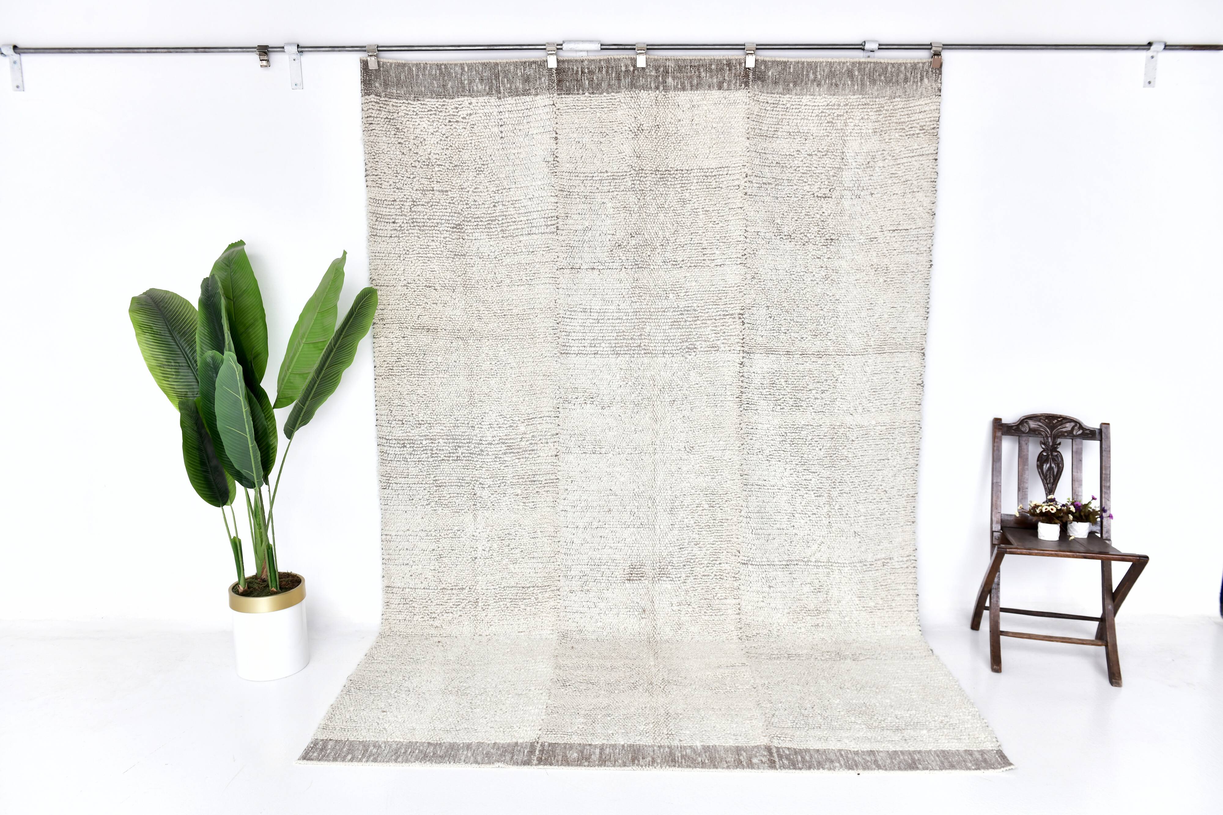 7x10 Brown White Handmade Turkish Vintage Rug 209x298Cm