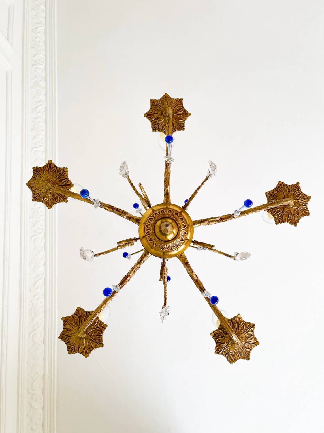 Élégant lustre vintage en bronze avec pampilles Murano bleu saphir – 5
