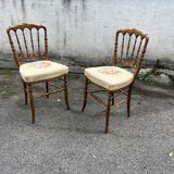 Pair of antique turned wooden chairs, embroidered upholstered seats