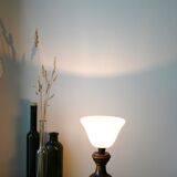 Wooden table lamp, patterned glass lampshade