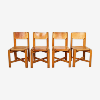 Set of 4 dining chairs elm wood cognac leather