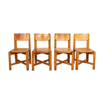 Set of 4 dining chairs elm wood cognac leather