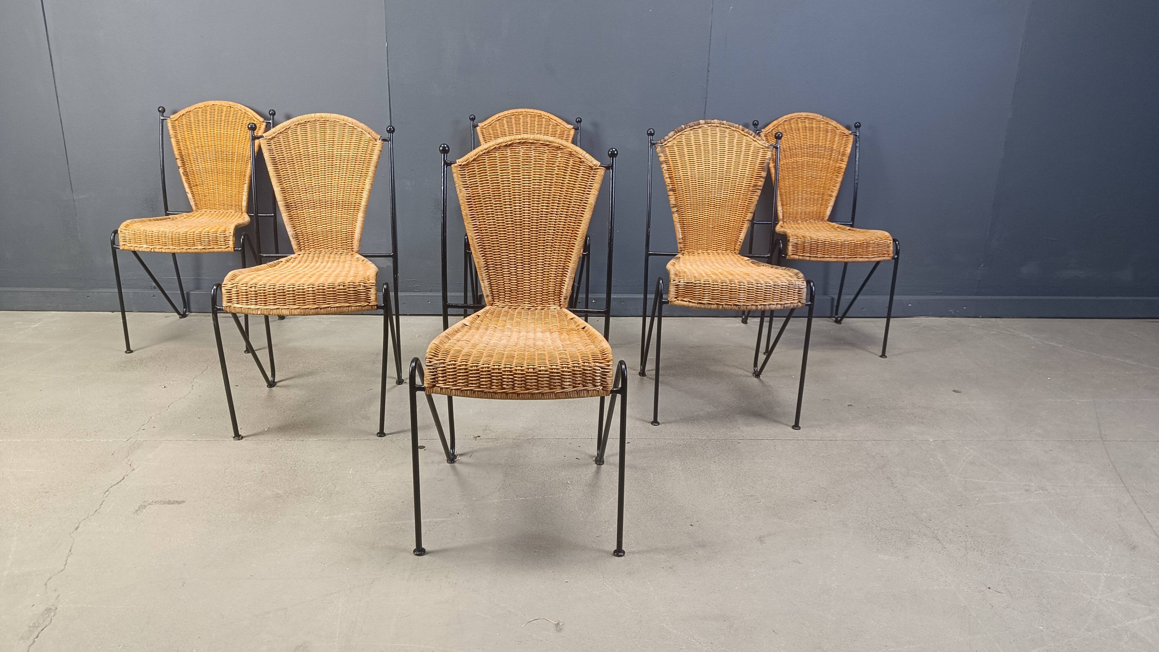 Chaises en osier par Frederick Weinberg, années 1960, lot de 6