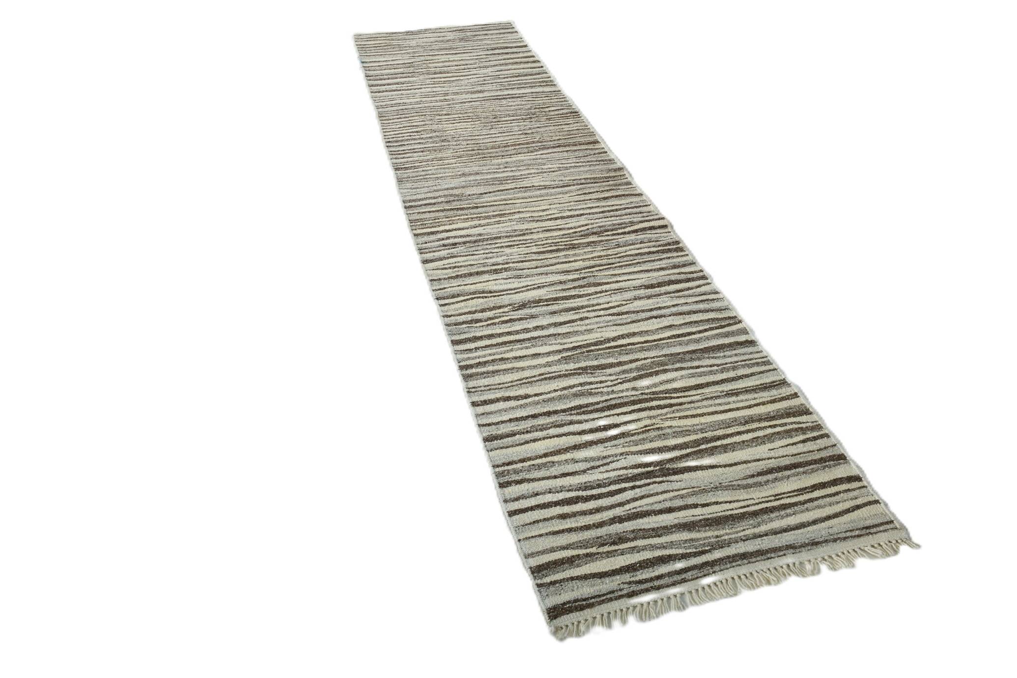 3x11 Brown & Beige Vintage Kilim Runner Rug, 84x330Cm