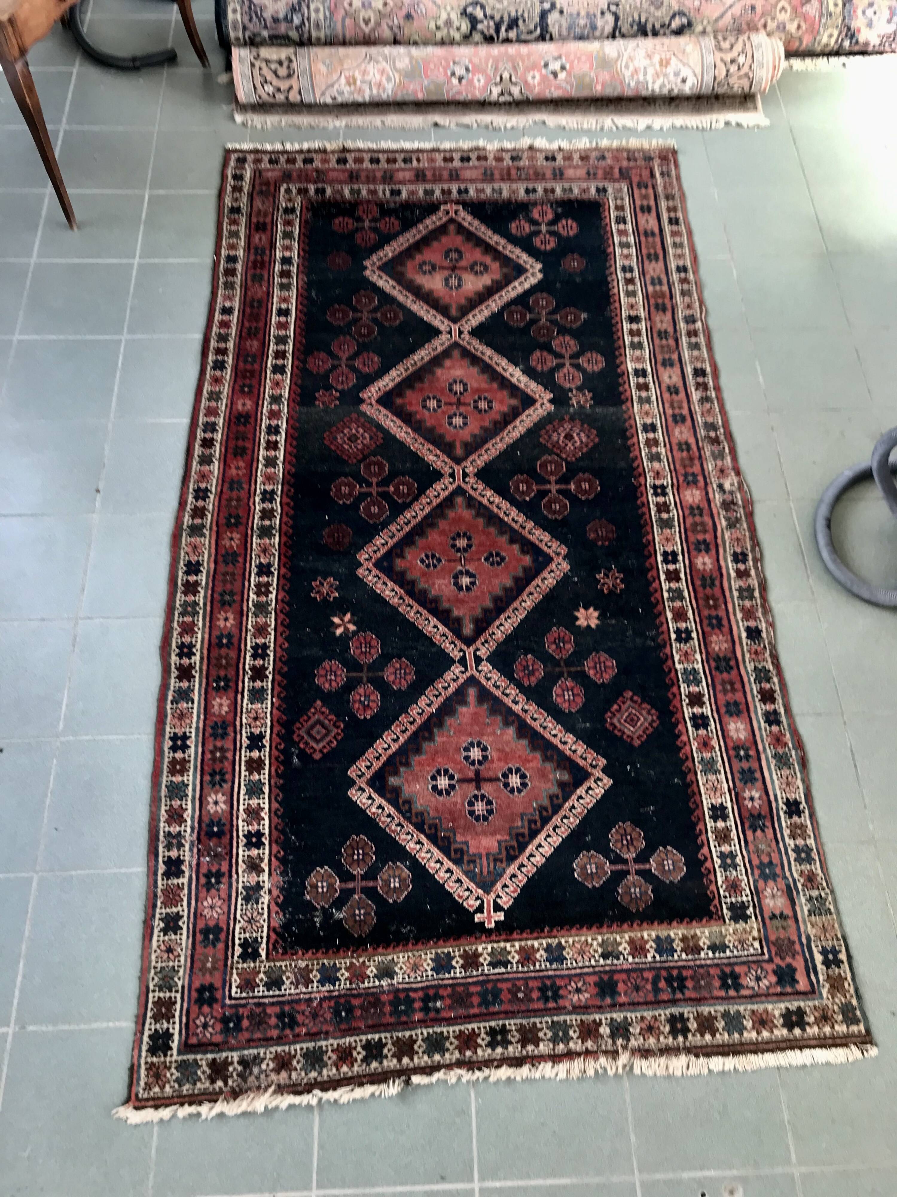 Old certified hand-knotted Persian Hamadam rug, wool on cotton weft, 150x270cm