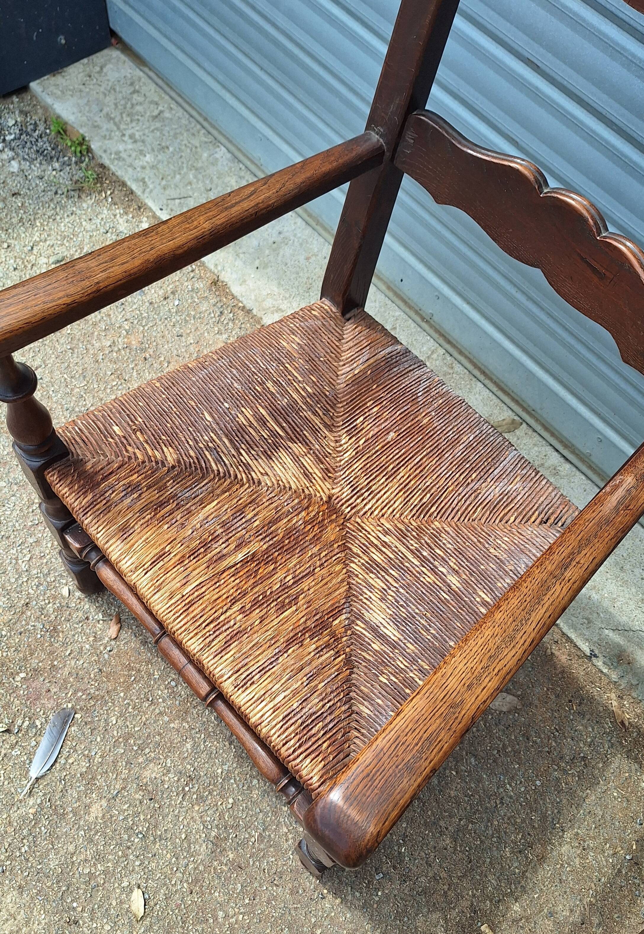 Pair of wooden and straw farmhouse armchairs