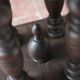 Vintage wood and marble side table, Louis XIII style turned wood pedestal table