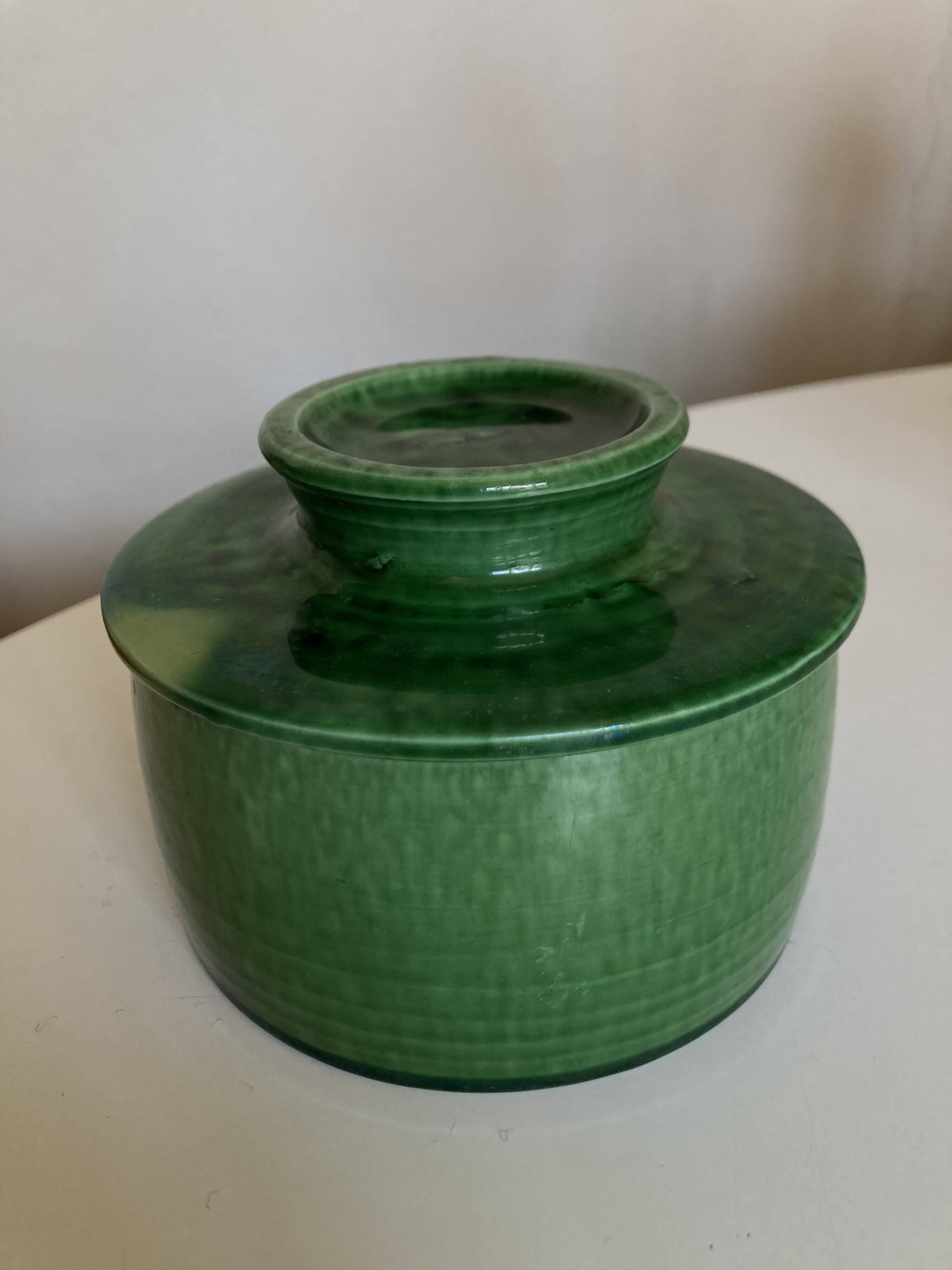 Glazed green earthenware butter dish Foucart Jourdan 1960