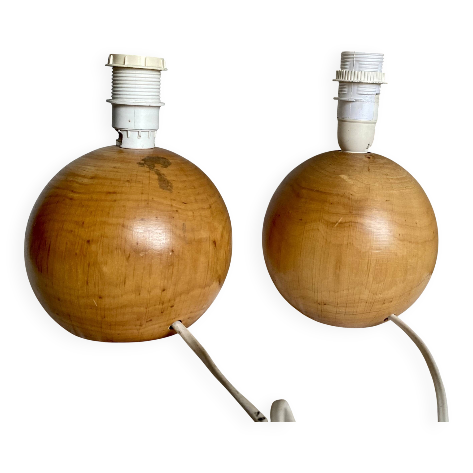 Paire de lampes de chevet boules bois tourné vintage 1970