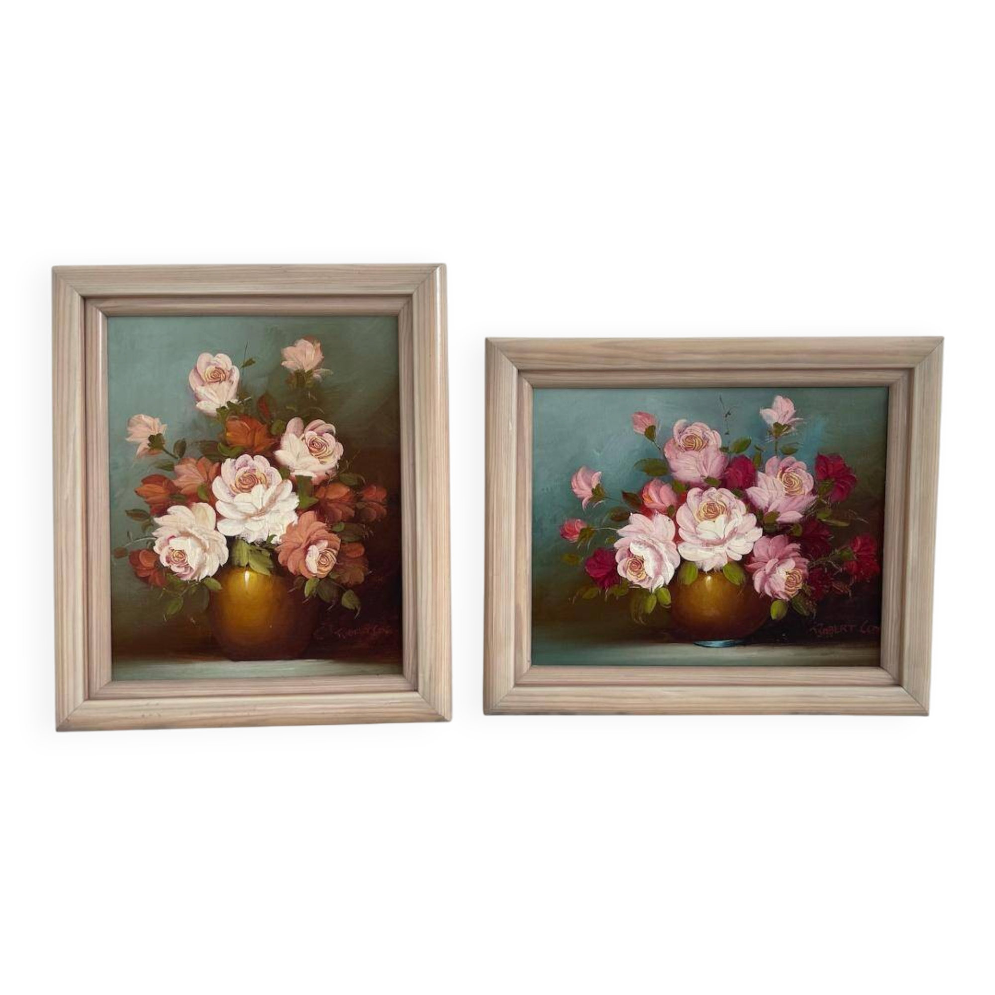 Pair of oils on canvas signed by Robert Cox, floral still lifes.