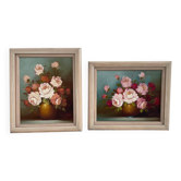 Paire d’huiles sur toile signées Robert Cox, natures mortes florales