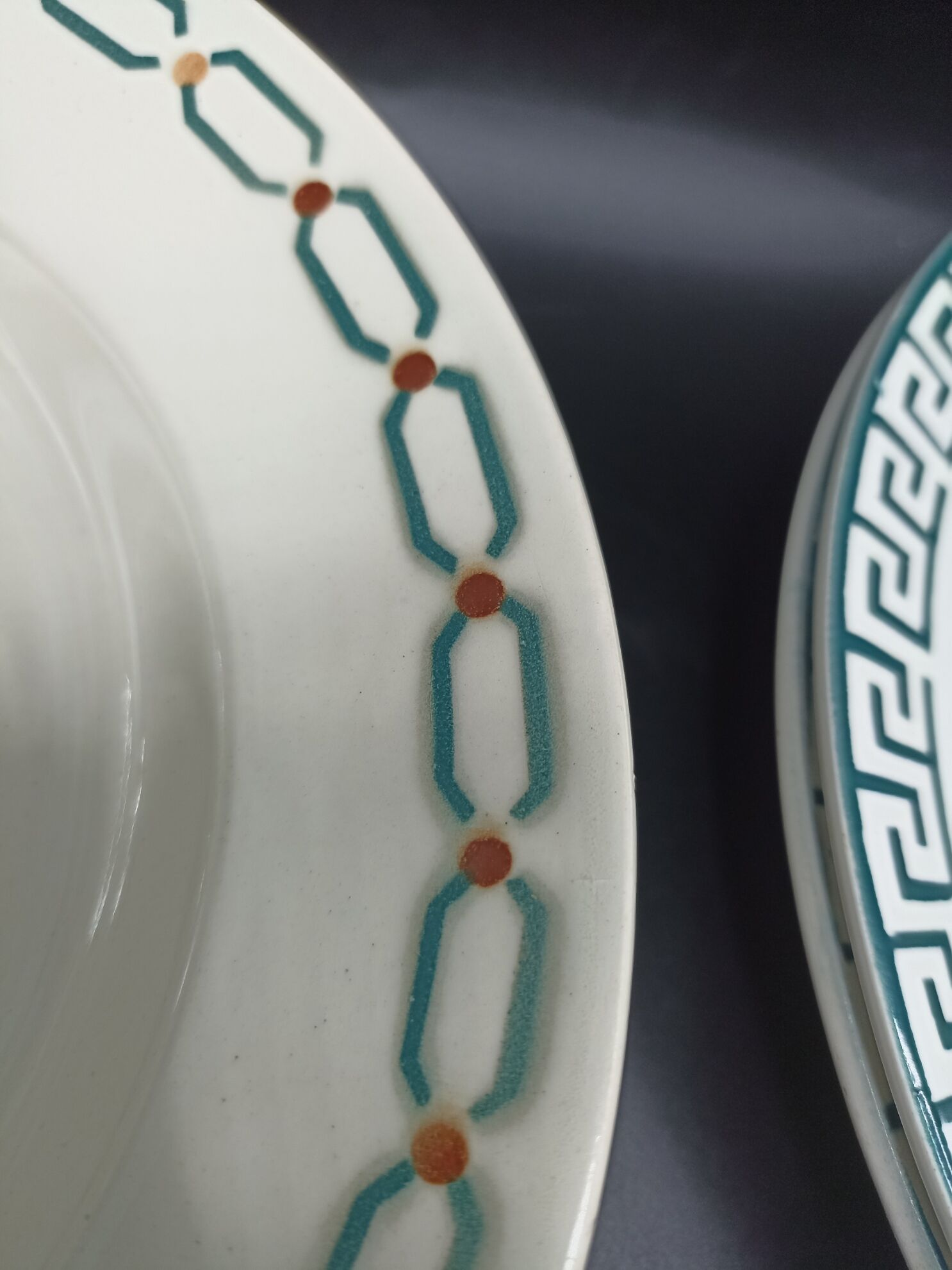 Mismatched set of old plates + dish - Green