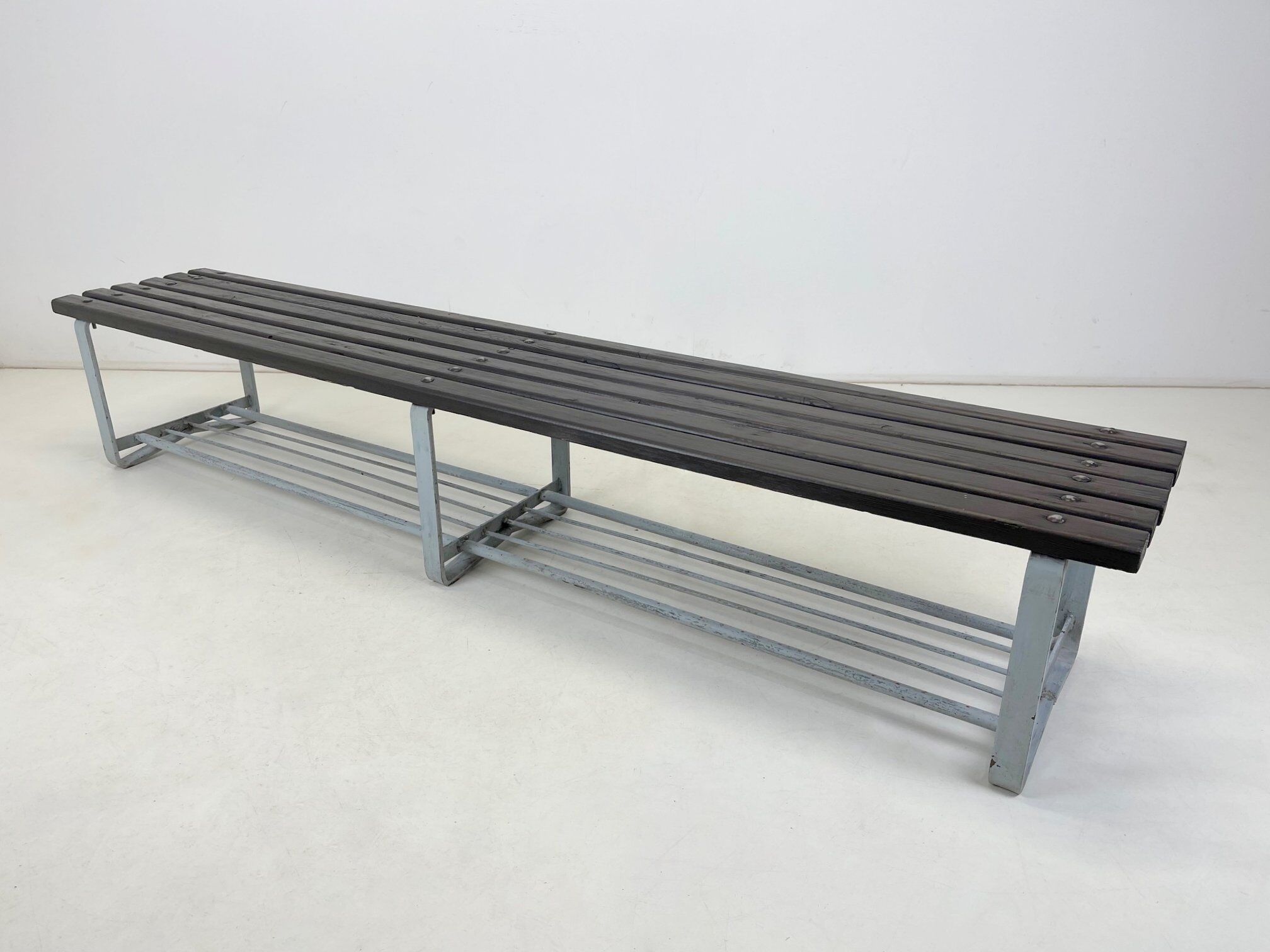 Vintage industrial metal & wood slatted bench, 1950's