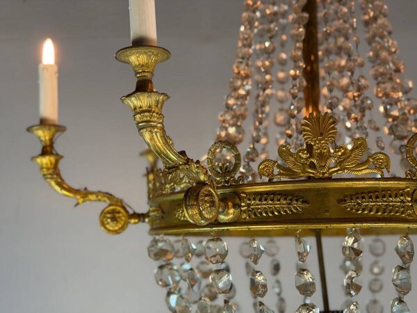 Lustre sac de perles de style Empire en bronze doré, vers 1880