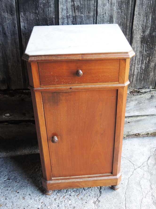 Old louis philippe style bedside table in wood & white marble