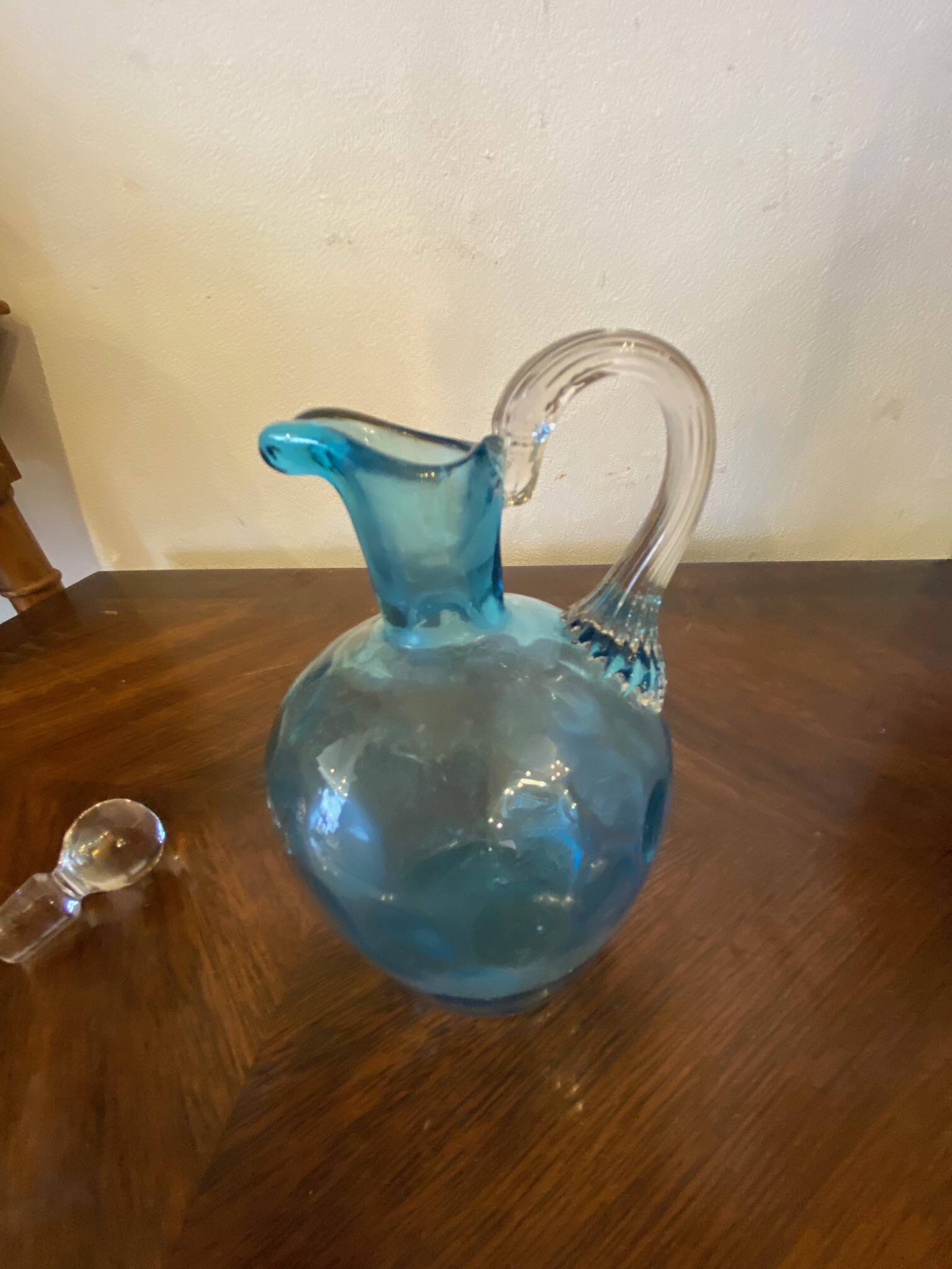 Night carafe in blue tones waffle glass with cabochon early 20th century