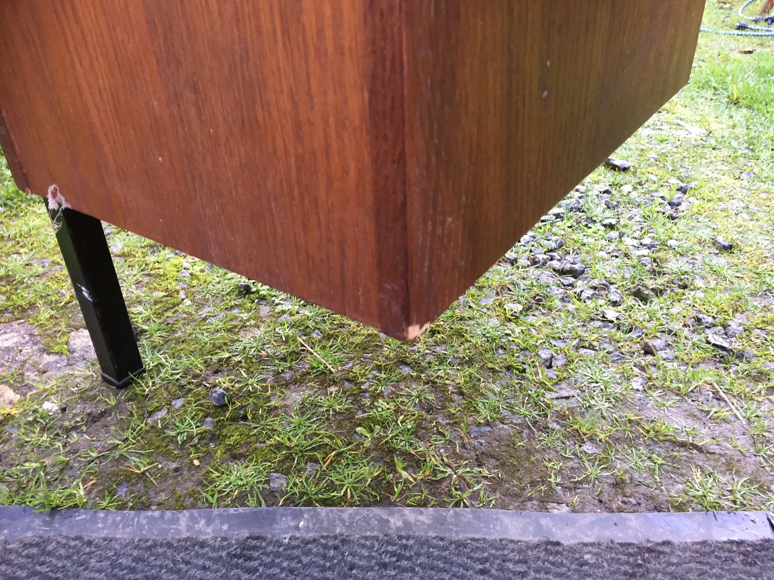 Vintage oak console desk table with square metal tube base (knitting machine)