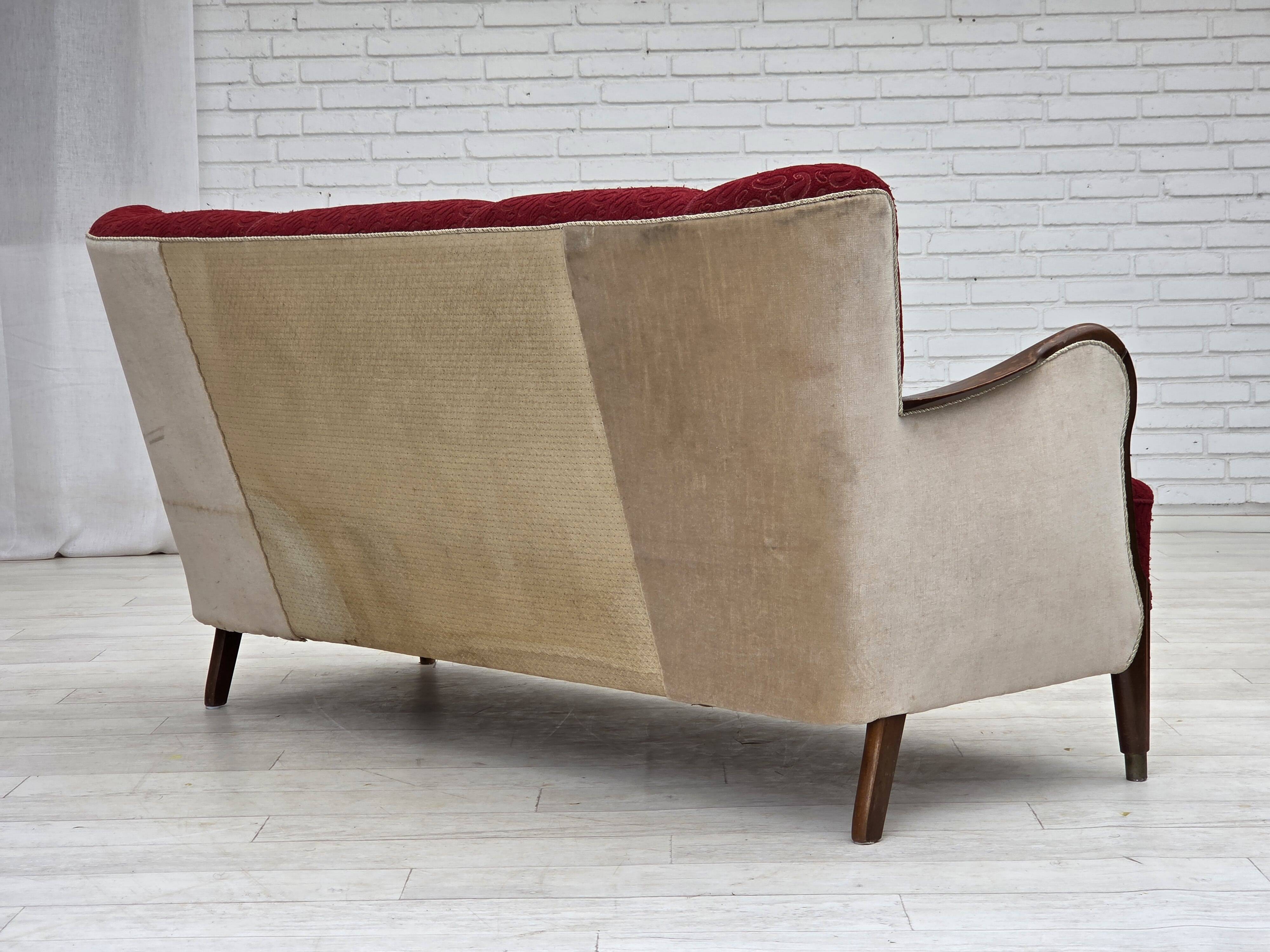 1950s, Danish 3-seater sofa, original red/beige furniture wool.