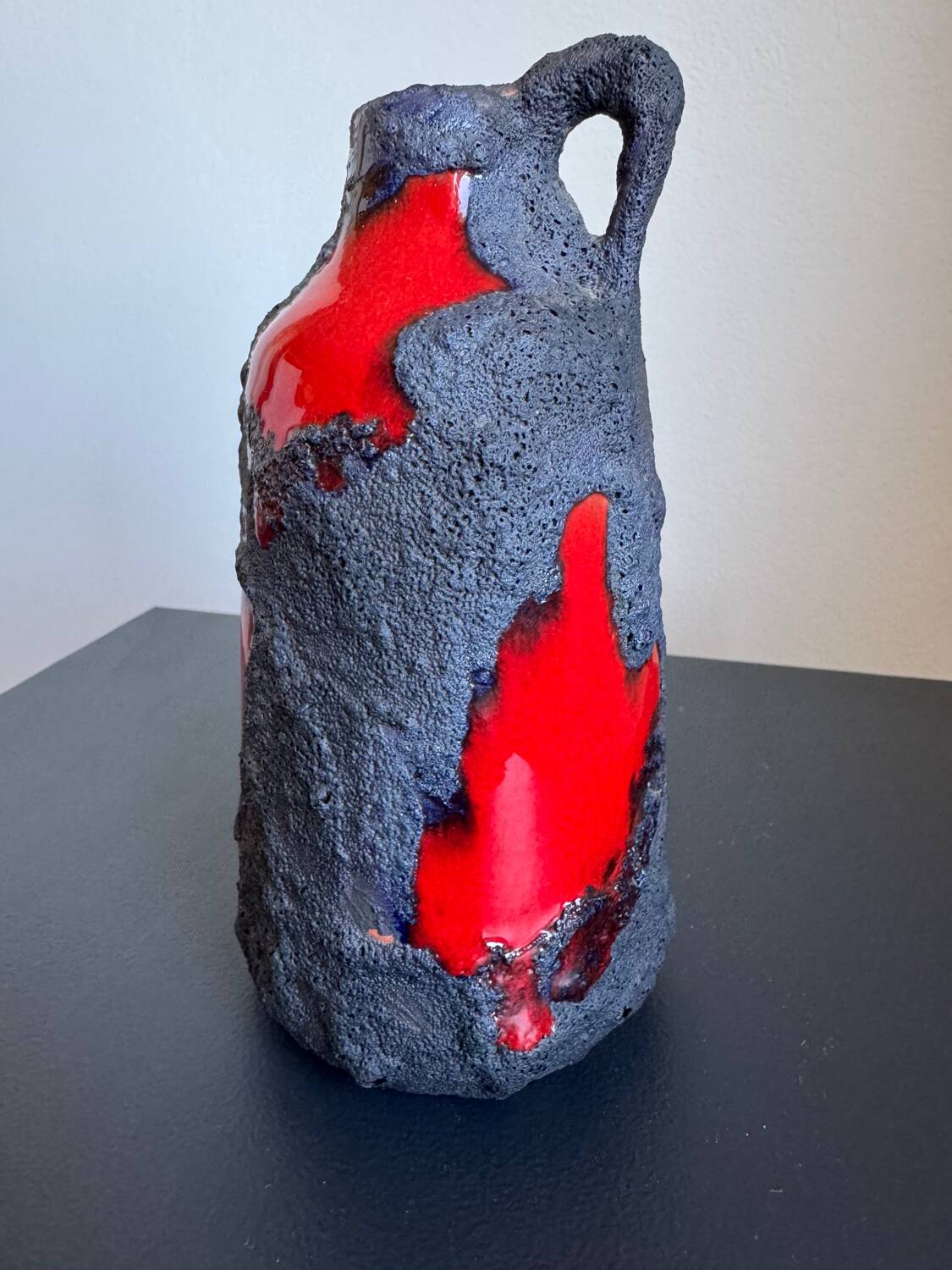 Vintage Mid Century Modern Fat Lava West German Black and Red Glazed V