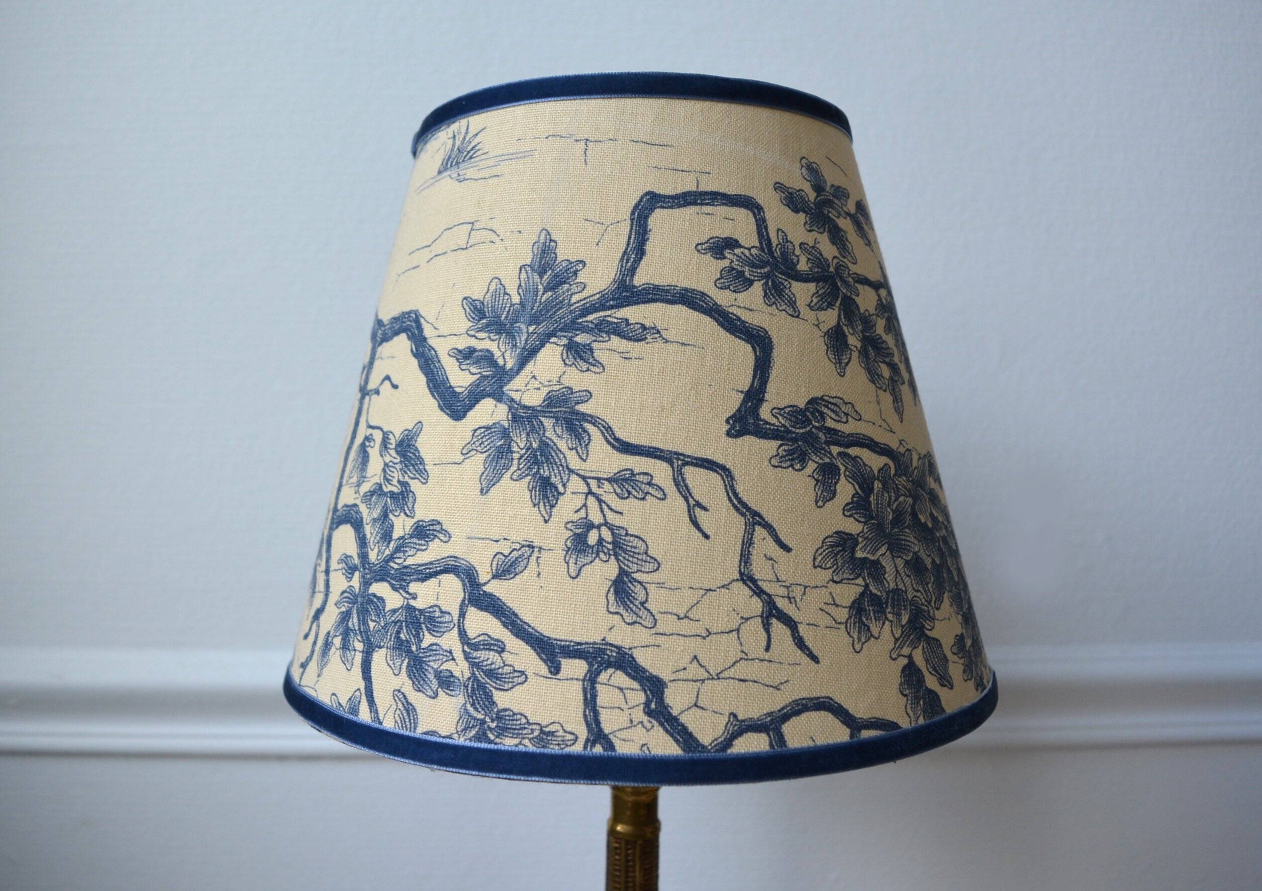 Jouy fabric lampshade, blue foliage pattern