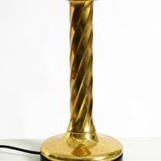 Large 1960s brass column-style table lamp with frosted glass globe