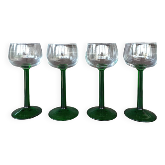 4 verres à vin d'Alsace pied vert 1970