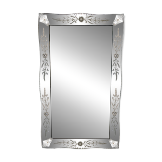 Grand miroir vénitien ancien – fleurs Murano et gravures – 123 x 75 cm