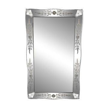 Grand miroir vénitien ancien – fleurs Murano et gravures – 123 x 75 cm