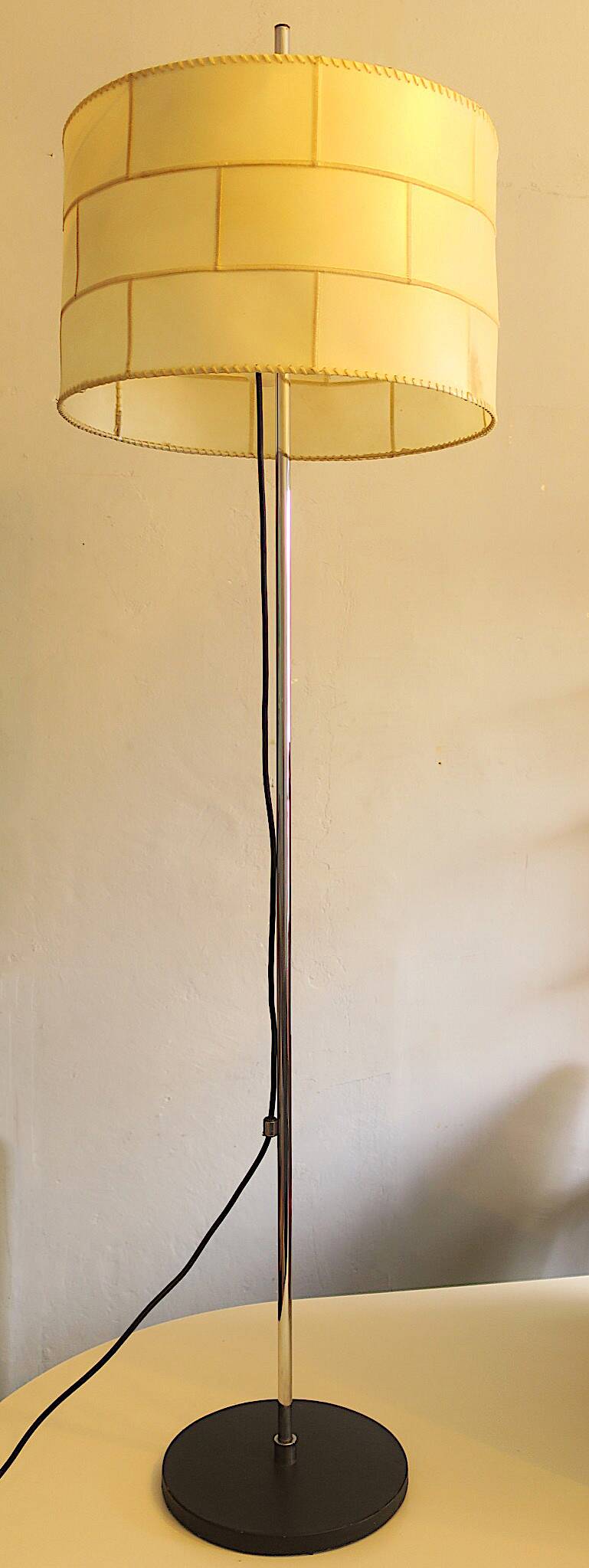 Staff patchwork floor lamp, parchment shade and black leather foot, 1960s
