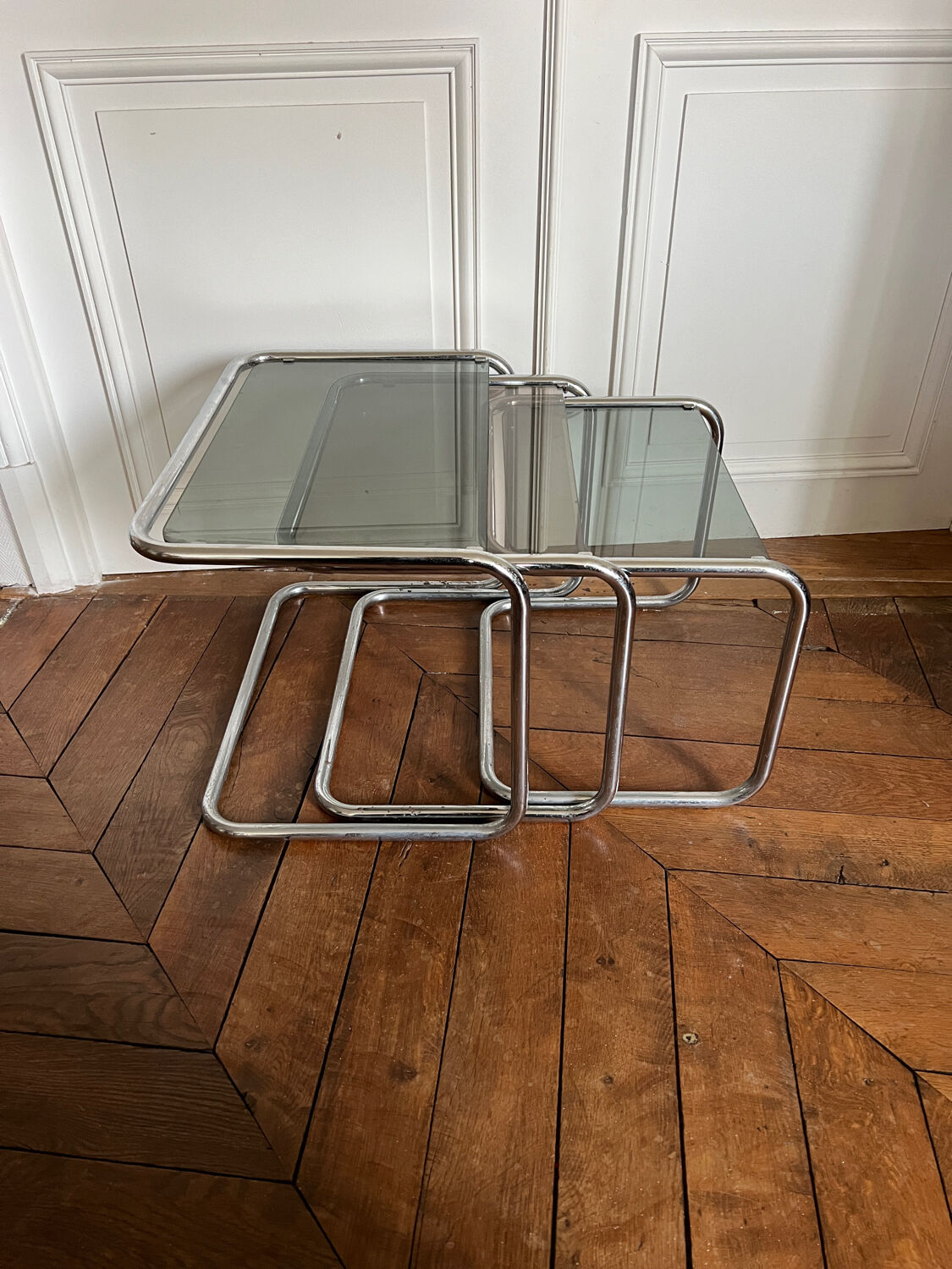 Nesting tables metal and smoked glass 70s