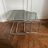 Nesting tables metal and smoked glass 70s