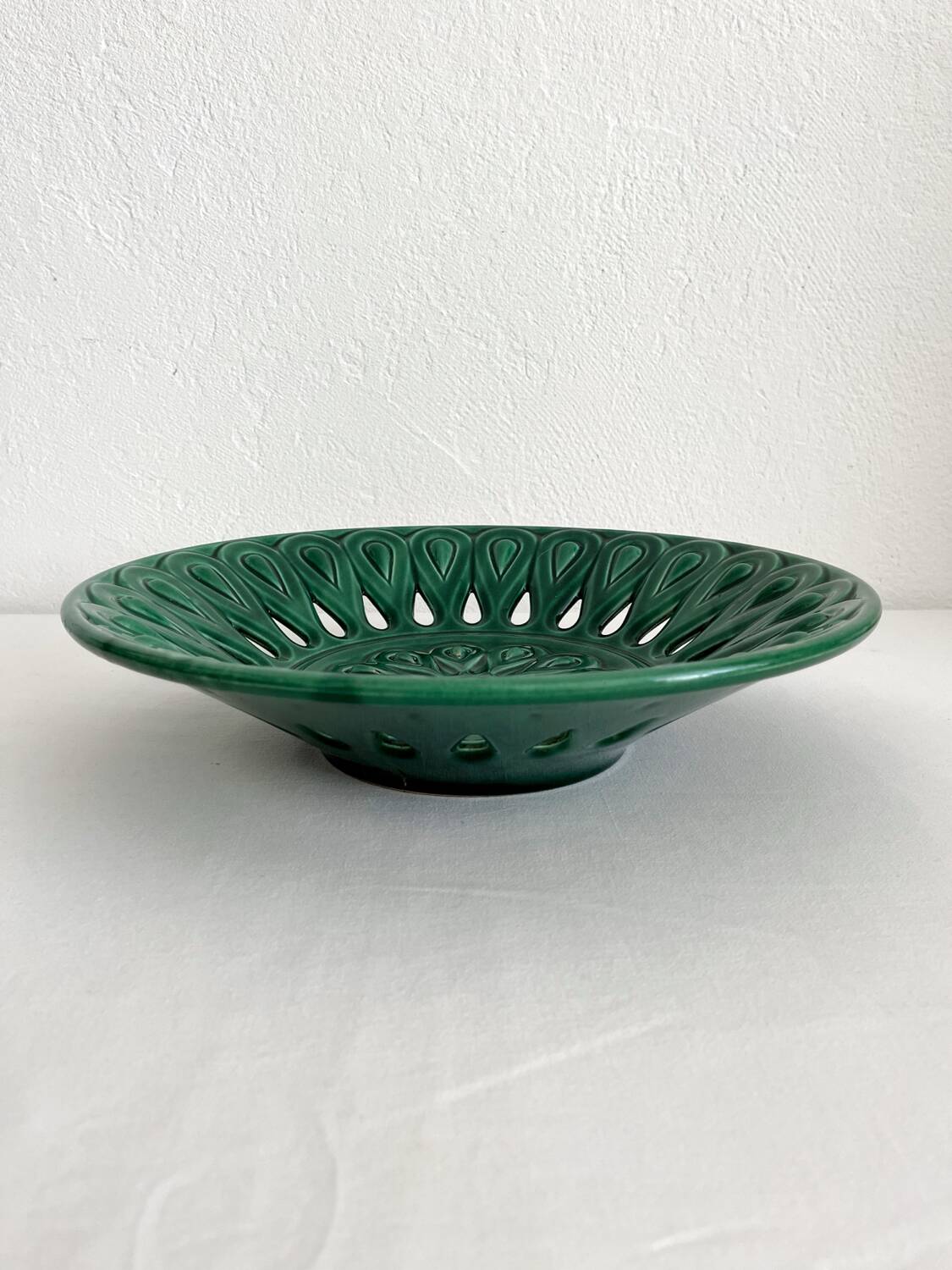 Vintage openwork green ceramic fruit bowl